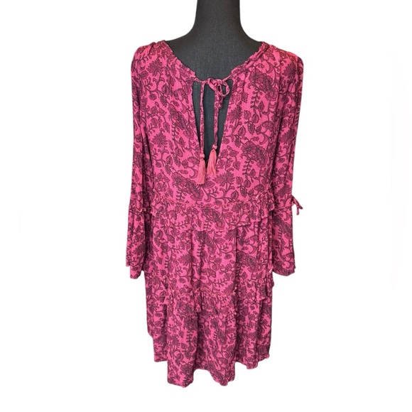 American Eagle Boho Floral Tiered Mini Dress M Tassel Keyhole Cottagecore B173 - Picture 3 of 9